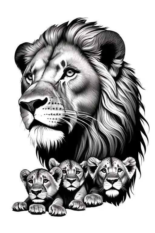 lion head with 4 lion cubs tattoo design idea