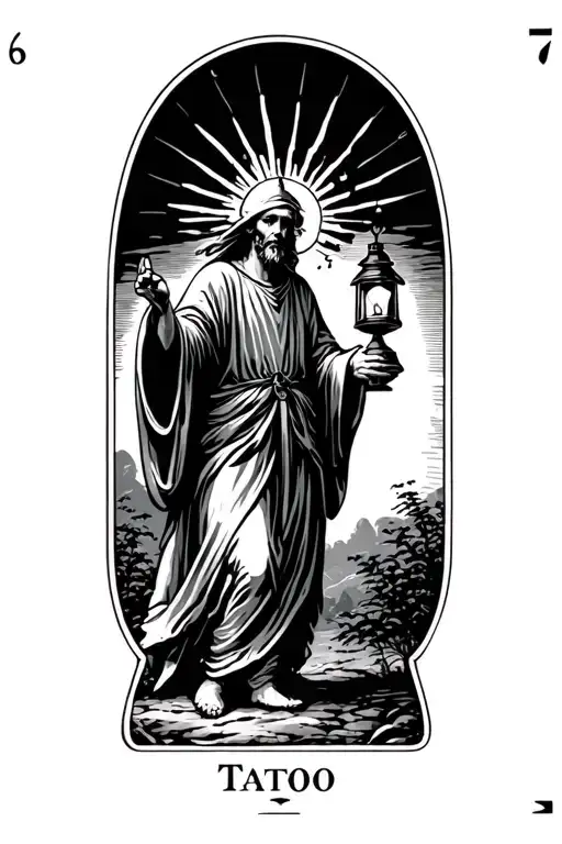 The hermit tarot card walking in darkness holding lantern with rays eminating tattoo design idea