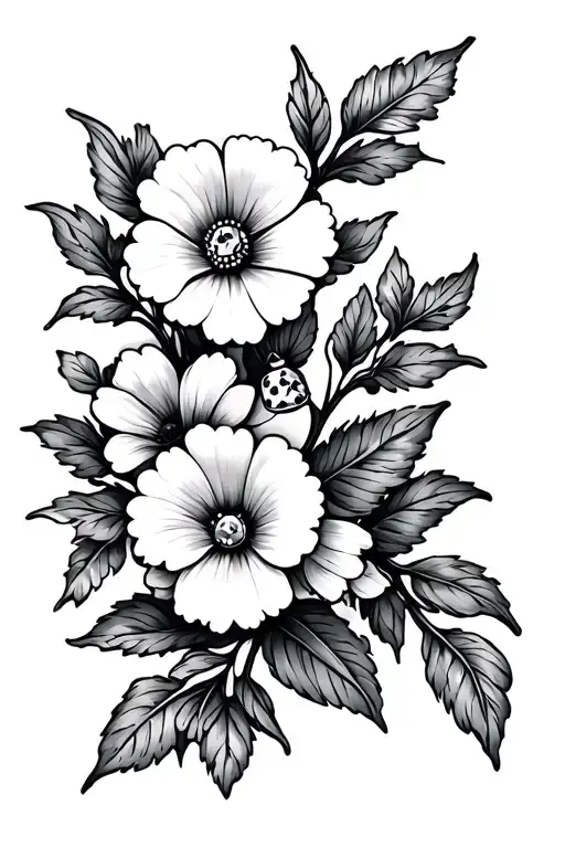 Flowers, 1 Cherry, 1 Diamond, 1 small ladybug, tattoo design idea