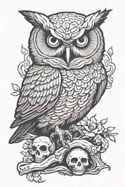 Angry owl perched on skull tattoo design idea