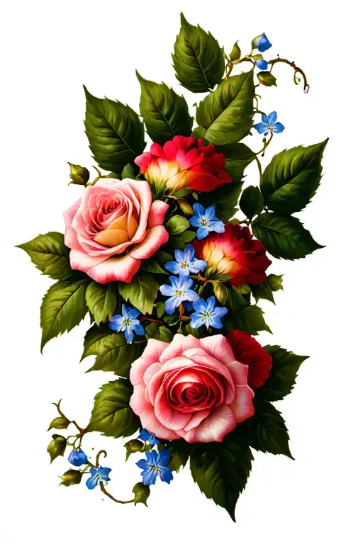 viney floral with hollyhawk, larkspur, climbing roses flowers intertwined with long green stems and leaves tattoo design idea