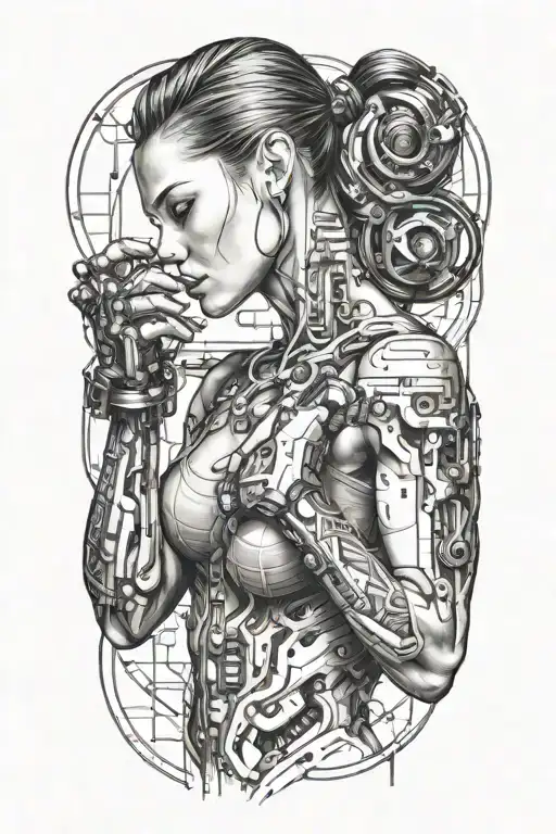 combine bodybuilding women flexing bicep arm with technology circuits tattoo design idea