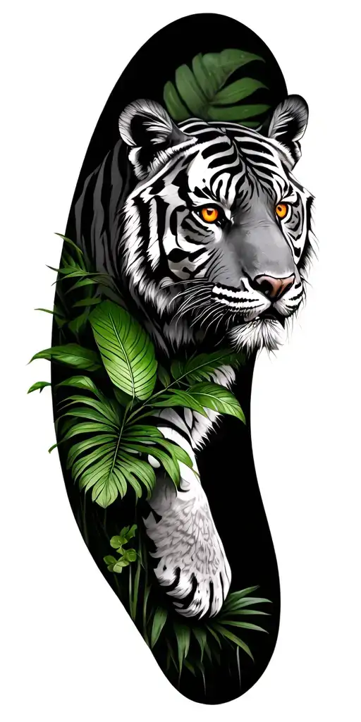Bengal tiger head with orange eyes coming through black and green jungle like plats tattoo design idea