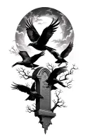 Death and graveyard with crows flying tattoo design idea
