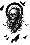 Death and graveyard with crows flying tattoo design idea