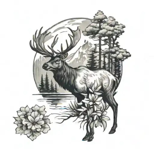 elk with pine trees, water, and flowers tattoo design idea