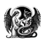 angel and devil looking at each other while standing. Snake entwined looking like it's whispering in angels ear  tattoo design idea