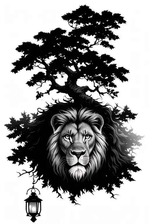 I want a black and white oak tree mixed with a lantern and a pair of lion eyes but not in the branches. I want detail  tattoo design idea