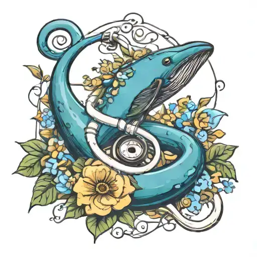 A unique tattoo of a stethoscope wrapped around a bouquet of flowers and a whale tail peeking out from behind tattoo design idea