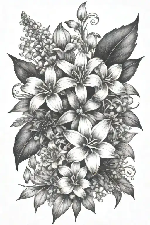 Daisy flower, lily of the valley and larkspur flower tattoo design idea