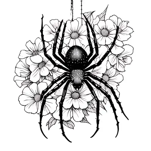 Spider with web hanging from bunch of flowers surrounding tattoo design idea