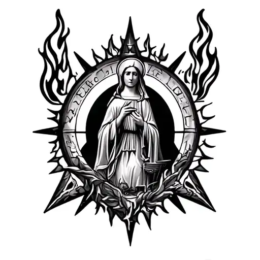 simple Pentagram surrounded by flame and holy madonna tattoo design idea
