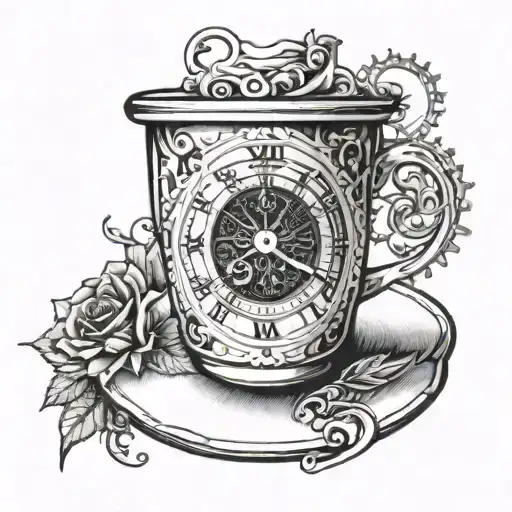 A coffee cup with a clock face as the base, symbolizing the importance of time management for students tattoo design idea