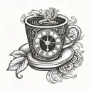 A coffee cup with a clock face as the base, symbolizing the importance of time management for students tattoo design idea