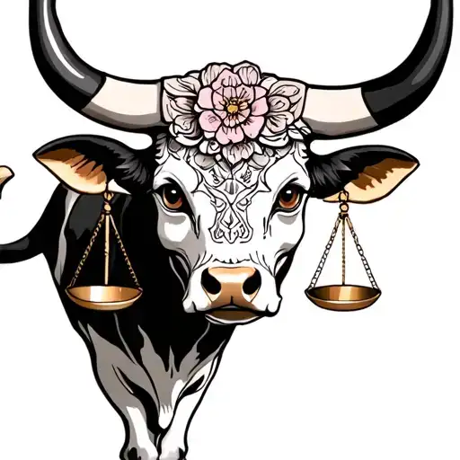 feminine bull with sugar skull markings, brown eyes and 2 Libra scales and dark background tattoo design idea