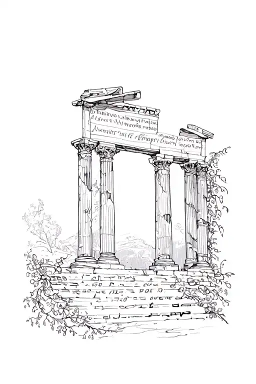 dainty Greek ruins with vines and ancient greek writings  tattoo design idea