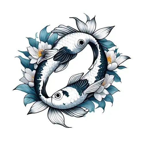 two koi fishes swimming in circle with lotus flowers on the side tattoo design idea