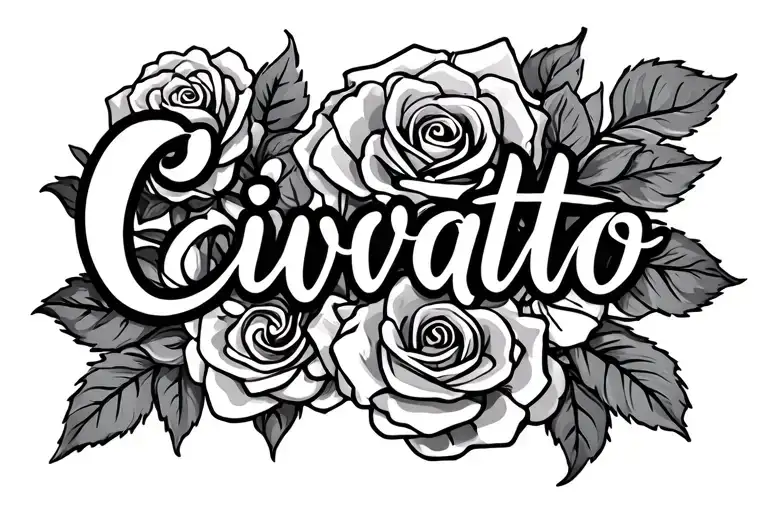 Ciavatto in cursive with roses behind it tattoo design idea
