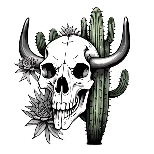 cactus and steer skull face tattoo design idea
