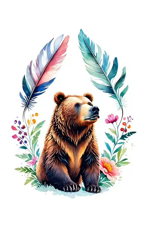 grizzly bear with feathers and flowers intertwined tattoo design idea