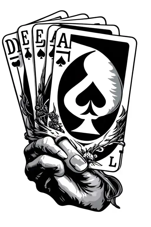 Four playing Cards with D, E, A, L, held like a poker hand, incorporating the grateful dead tattoo design idea