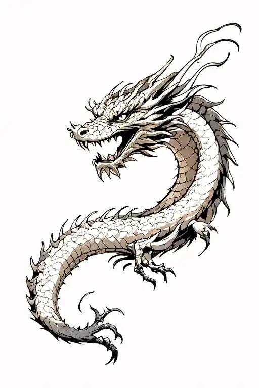 The image of the eastern Dragon stretched along the arm. with detailed mord, open pasta, pronounced fangs and expressive tattoo design idea
