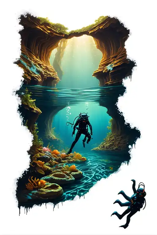 cave diving with underwater scene tattoo design idea