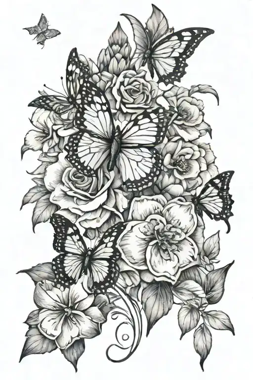 4 Fingerprint butterfly flying around stem of Larkspur, Poppy, Narcissus, Rose, and Daffodil tattoo design idea