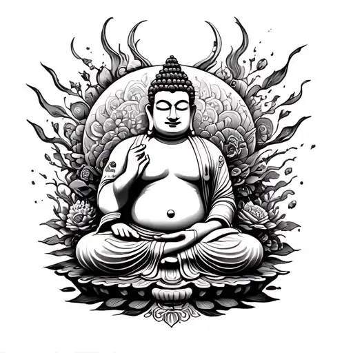 Fat Buddha surrounded by elements tattoo design idea
