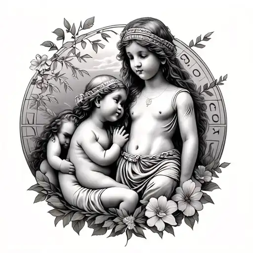A full sleeve tatto featuring two baby girls and a Greek water bearer symbolizing the zodiac sign. fill out with flowers tattoo design idea