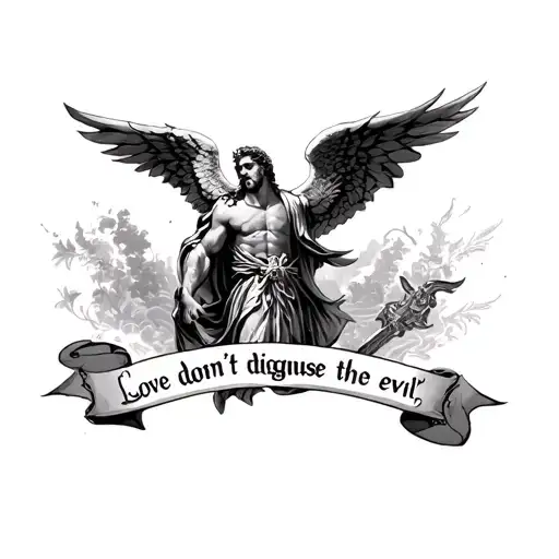 St. Michael with a quote "Love don't disguise the evil" tattoo design idea