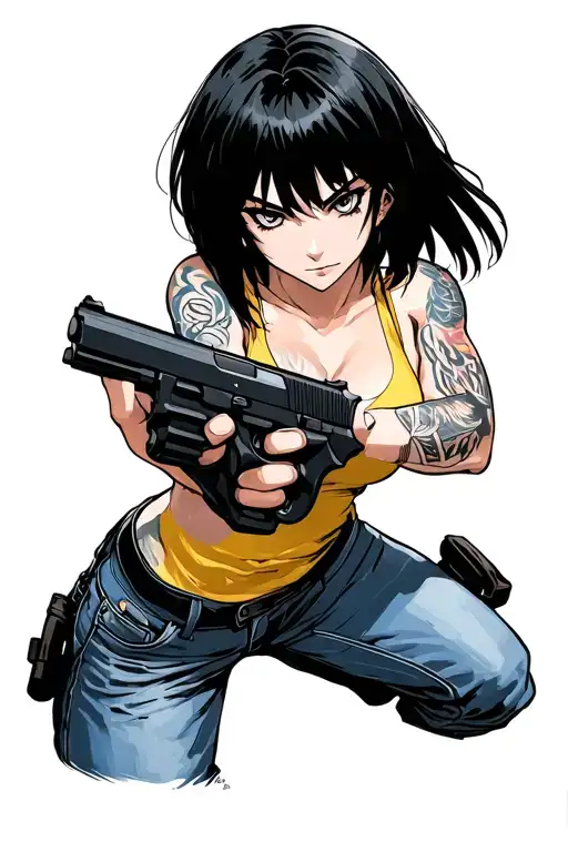 Simple style, anime character, Revy from Black Lagoon, short black hair, yellow tank top, blue jeans, holding two pistol tattoo design idea