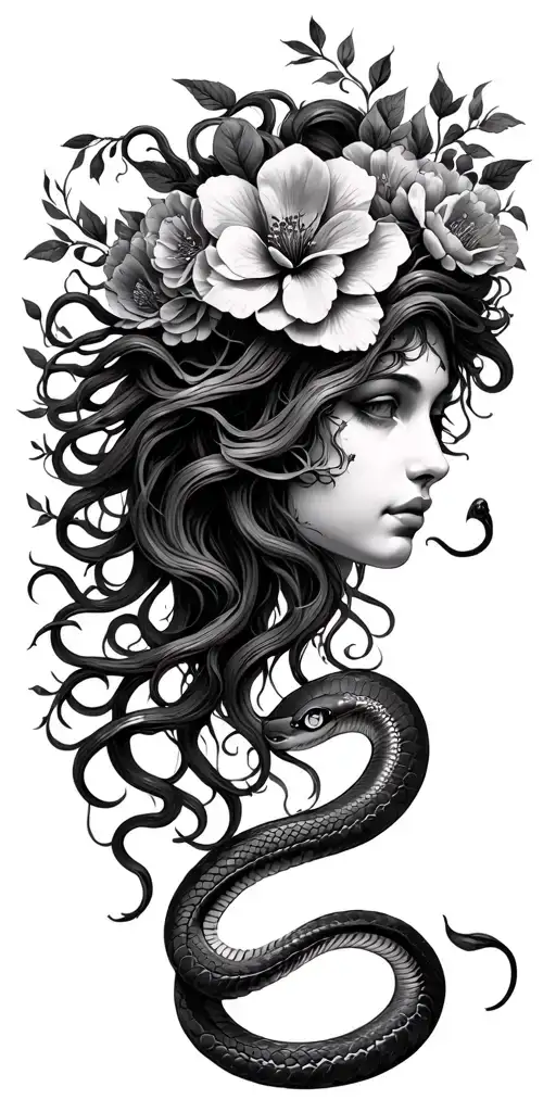 medusa head with flowers and cheryyblossoms and snakes tattoo design idea
