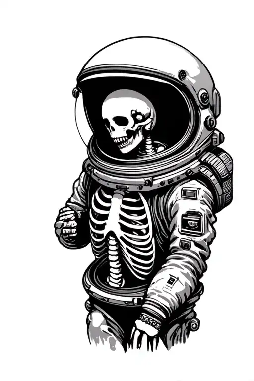 spacesuit with skeletal remains inside representing lonelyness tattoo design idea