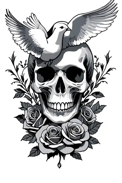 skull, roses and doves tattoo design idea