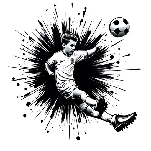 infant foot print forming soccer player kicking tattoo design idea