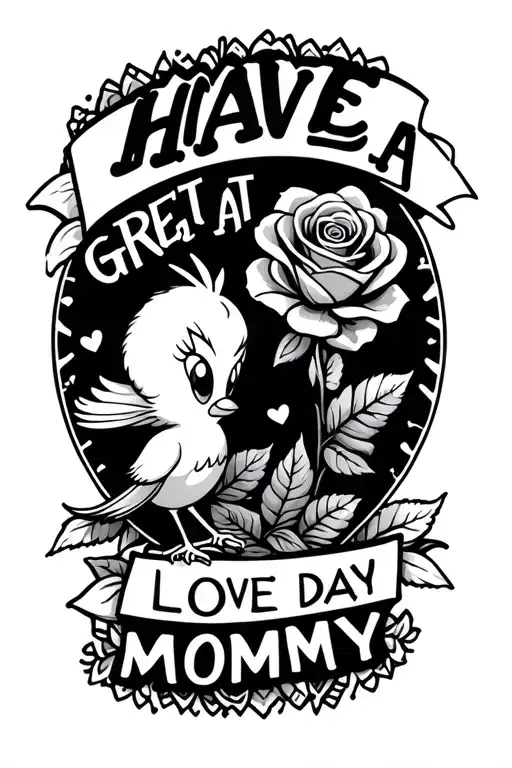 "Have a great day love mommy" arm sleeve tattoo with tweety bird and rose filler tattoo design idea