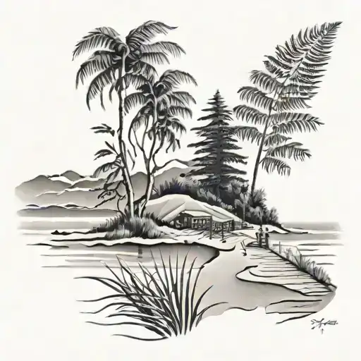 pier, sand dunes, new zealand silver fern tattoo design idea