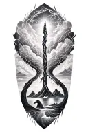 fjord and lightining storm and jing jang and nature tattoo design idea