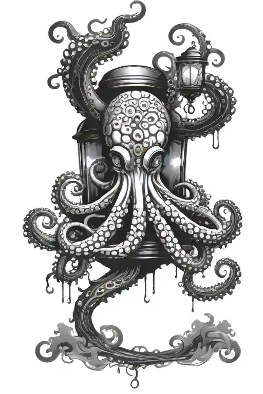 sketch of a tattoo of an octopus surrounded by algae and bubbles, volumetric shades of gray and black, holding a lantern in a tentacle, on the head tattoo design idea