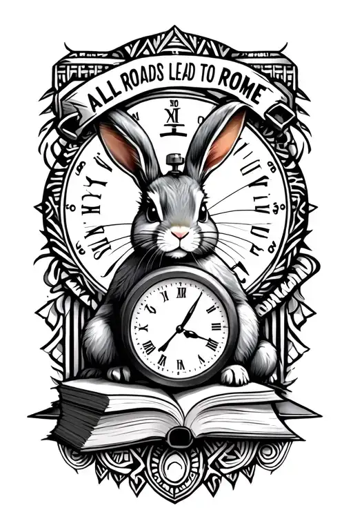 writing that says "all roads lead to Rome" with the rabbit from Alice in wonderland, a stop watch and a book with aztec  tattoo design idea