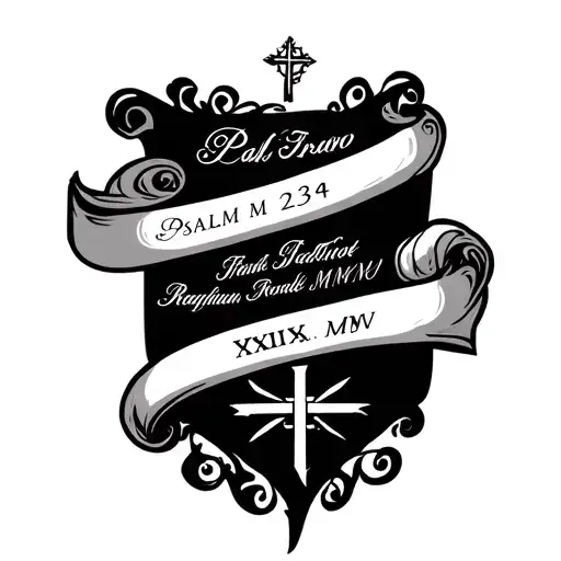 Inner forearm tattoo: scroll with Psalm 23:4, below it Roman date XXIX·X·MMV, above the date a small spiritual symbol tattoo design idea