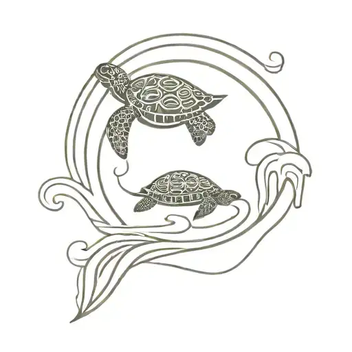 ocean waves,sun and turtle swimming tattoo design idea