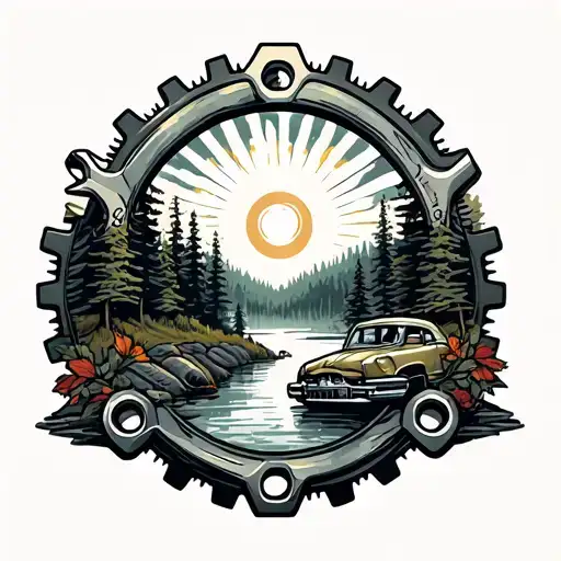 Combine elements of automotive mechanics with spiritual symbolism, like gears and wrenches forming a mandala around a serene forest scene tattoo design idea