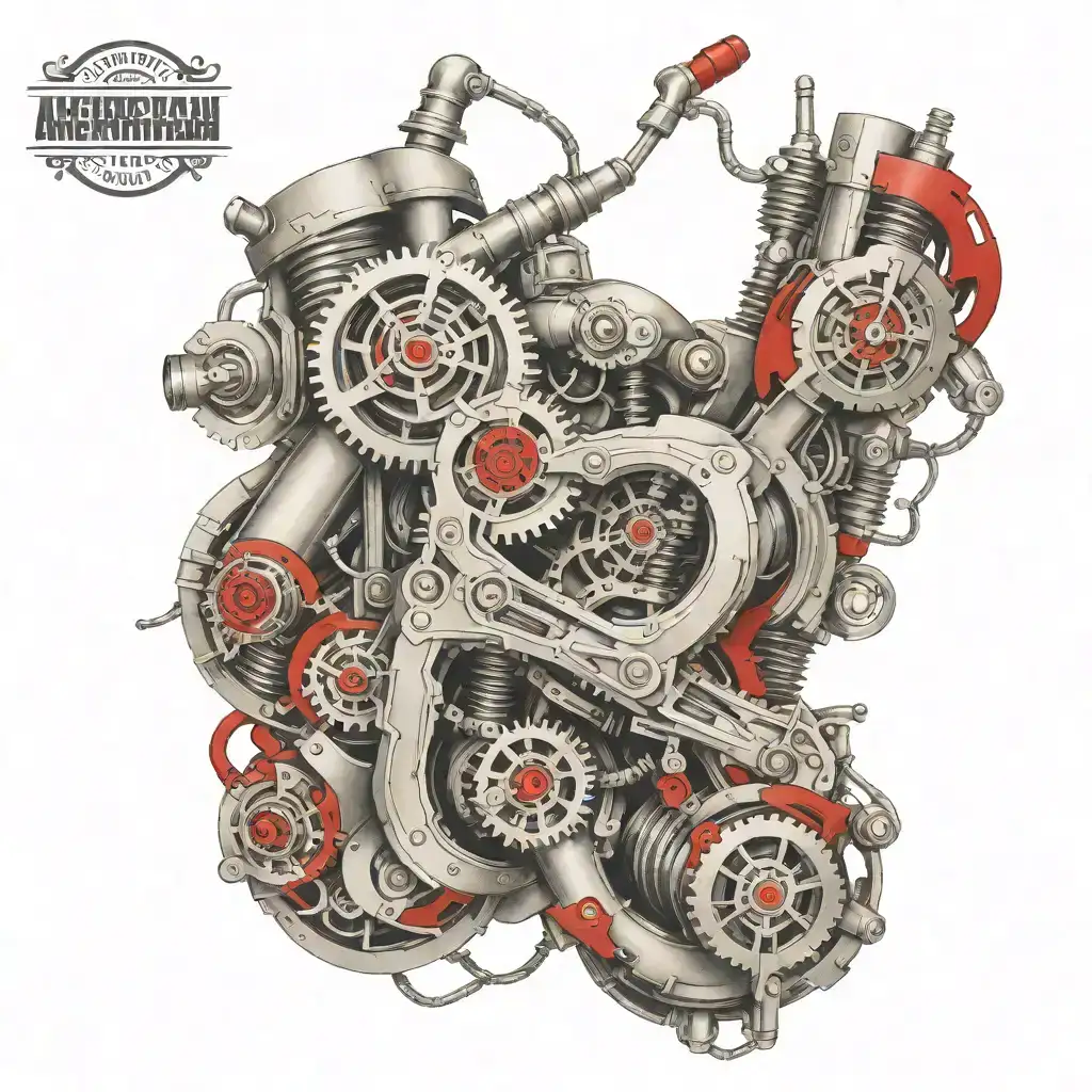 A biomechanical tattoo on the forearm featuring realistic metallic components, pistons, and wiring integrated into the body. The design has a 3D effect with the skin wrapped around the mechanical parts, showing depth and intricate detailing, blending organic and mechanical elements with subtle red accents for contrast. tattoo design idea