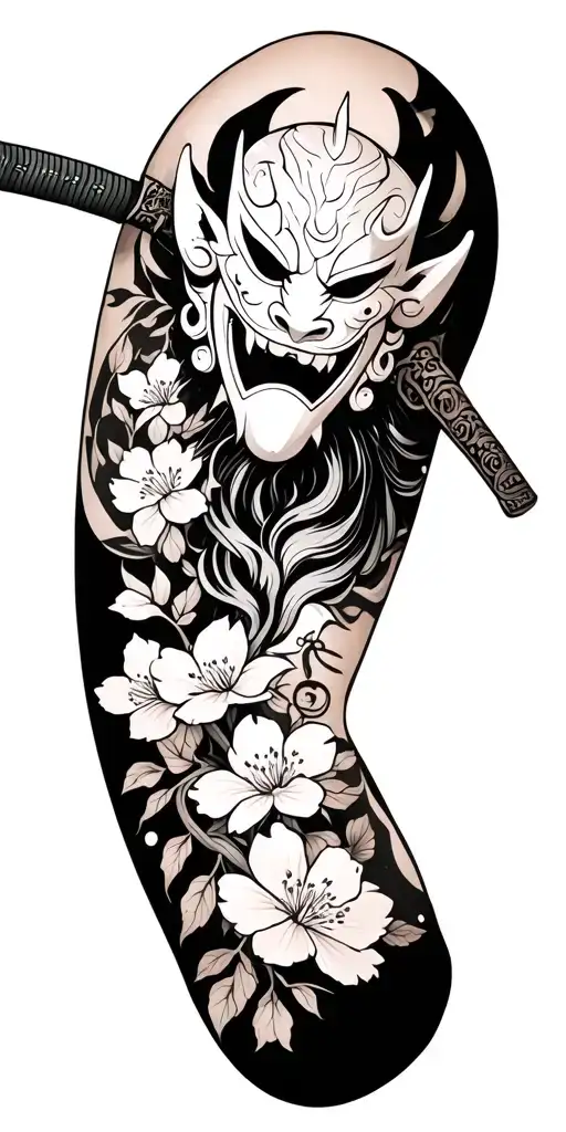 Oni mask on the shoulder, a katana down the arm, small cherry blossoms down the arm, a torii and all black and white tattoo design idea
