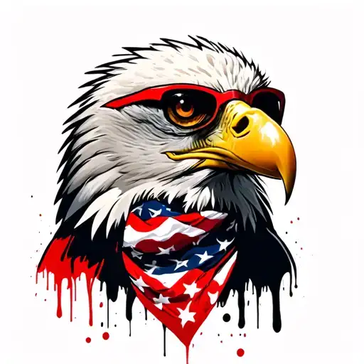 Bald Eagle wearing an American Flag bandana and red framed sunglasses with dark lenses. tattoo design idea