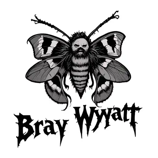 moth logo with the name Bray Wyatt under the moth in a creepy scratchy font tattoo design idea