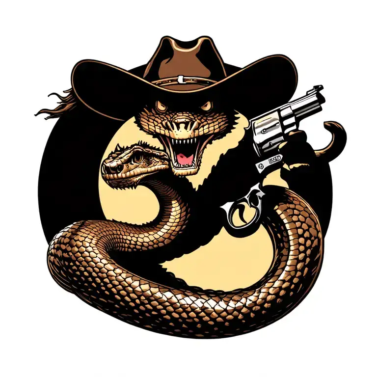 cobra wearing cowboy hat and holding revolver at end of tail tattoo design idea