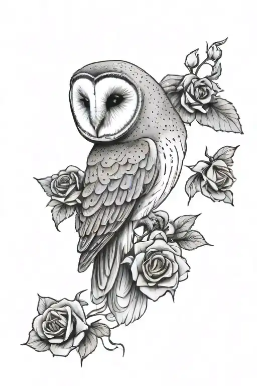 barn owl and roses tattoo design idea